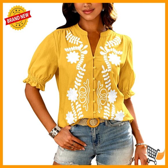 Tops - Women's V-Neck Puff Sleeve Button Down Blouse Floral Embroidered Tunic